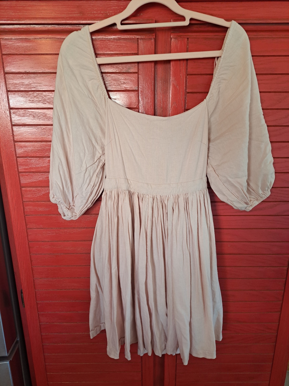 Mable Pale Pink Puff-Sleeve Mini Dress Blush Pink Babydoll Small Linen Blend